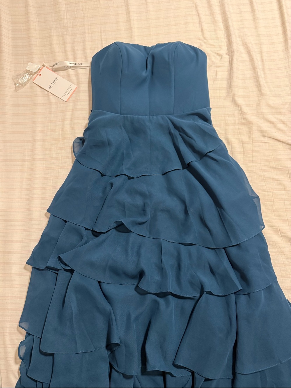 JJs House Strapless Teal Layered Ruffle Gown
